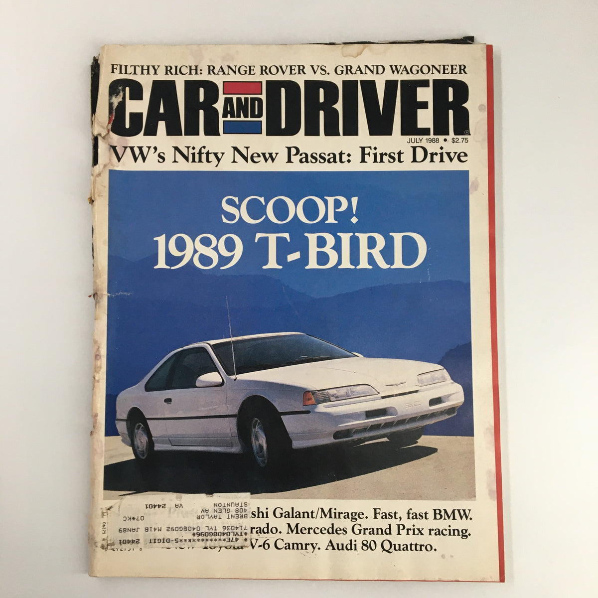 Cover of Car and Driver Magazine July 1988 featuring VW's Nifty New Passat and a 1989 T-Bird, showcasing automotive trends of the late '80s.