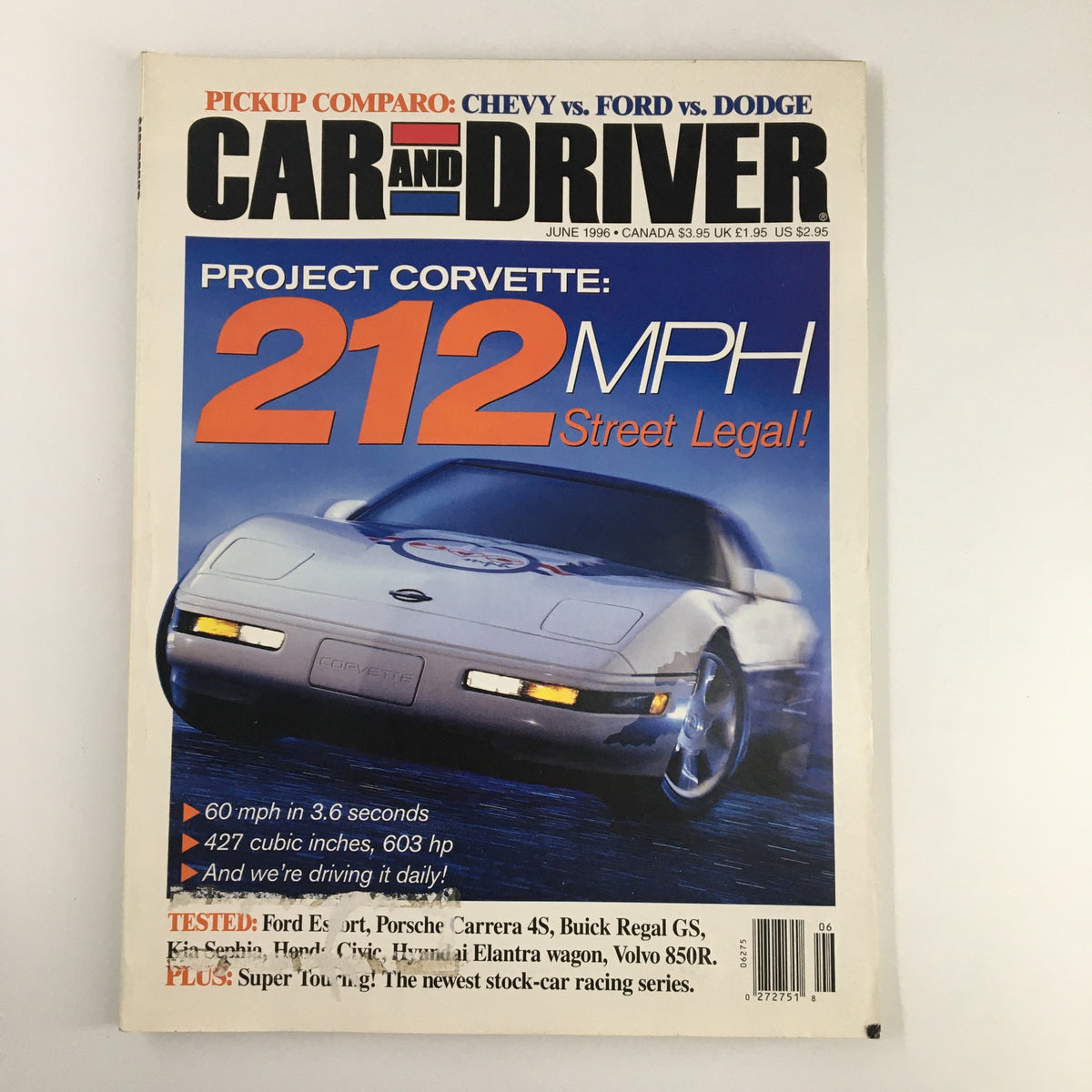 Cover of Car and Driver Magazine June 1996 featuring Pickup Comparo: Chevy vs. Ford vs. Dodge, with a focus on project Corvette and its specifications.