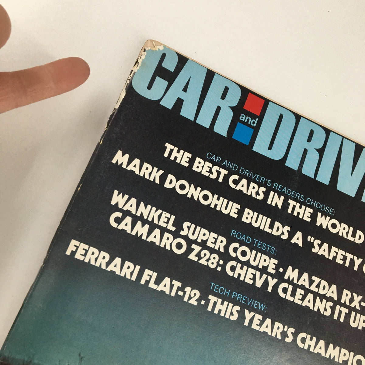 Cover of Car and Driver Magazine May 1971 featuring an article on Mark Donohue and his innovative 'Safety Car'. The cover highlights topics such as the best cars in the world and notable road tests.