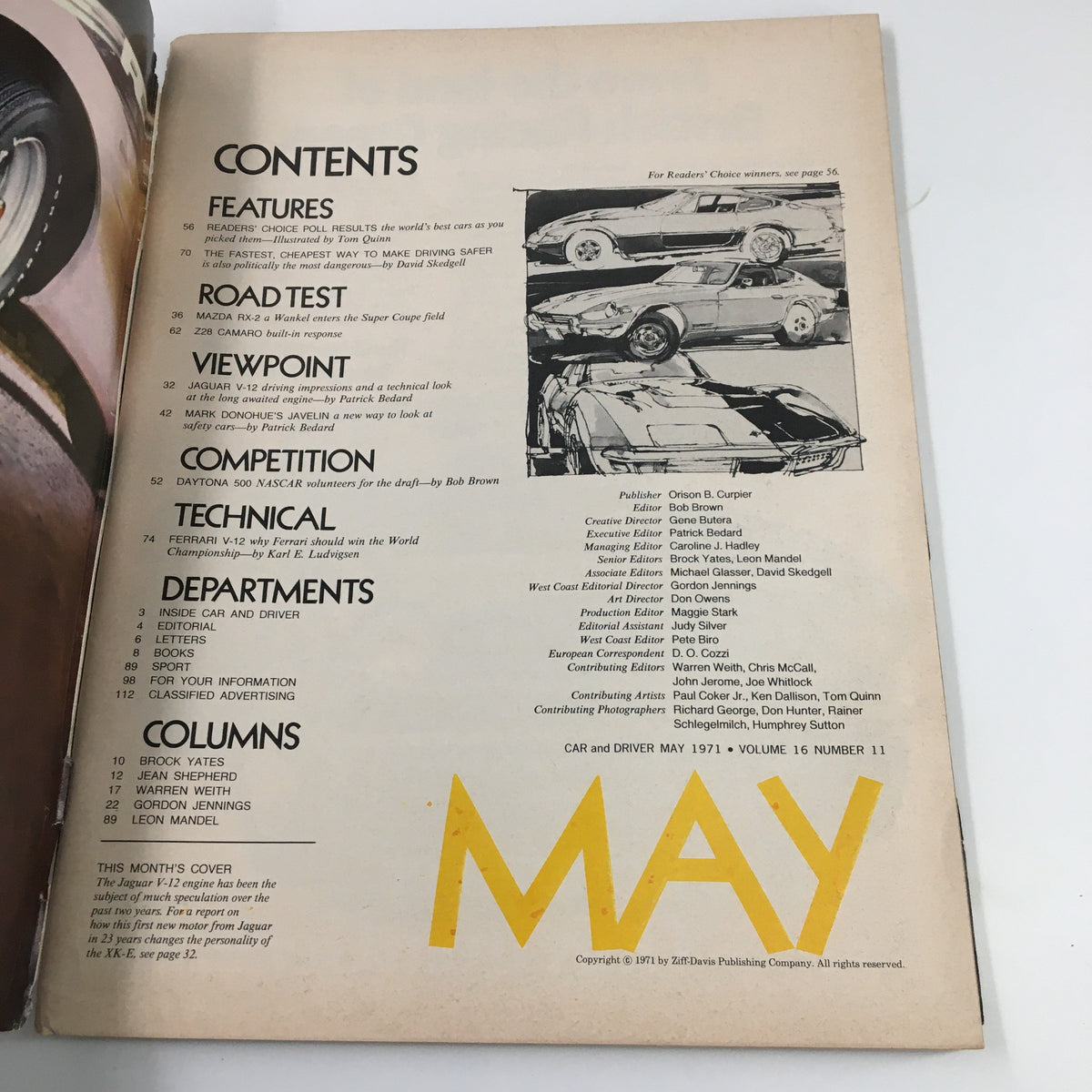 Contents page of Car and Driver Magazine May 1971, showcasing featured articles including Mark Donohue's 'Safety Car', technical sections, and competition highlights. This issue emphasizes the vibrant automotive culture of the early 70s.