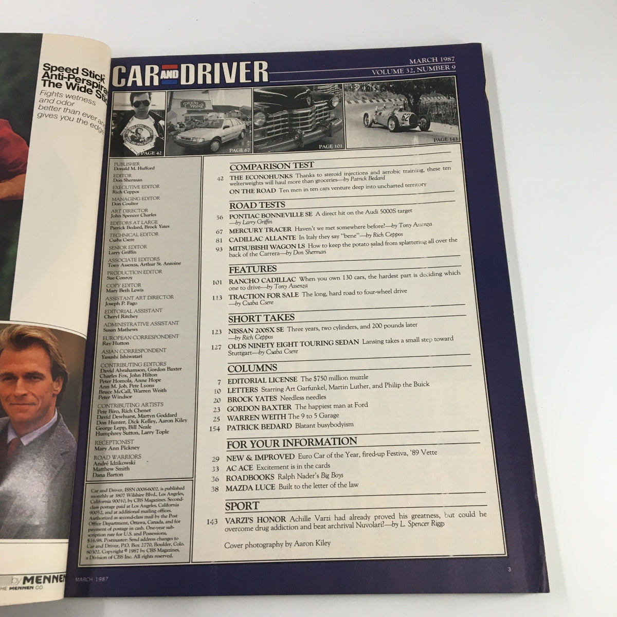 Interior page of Car and Driver Magazine, March 1987, showcasing article contents including comparisons, road tests, and features from the era of classic automobiles.