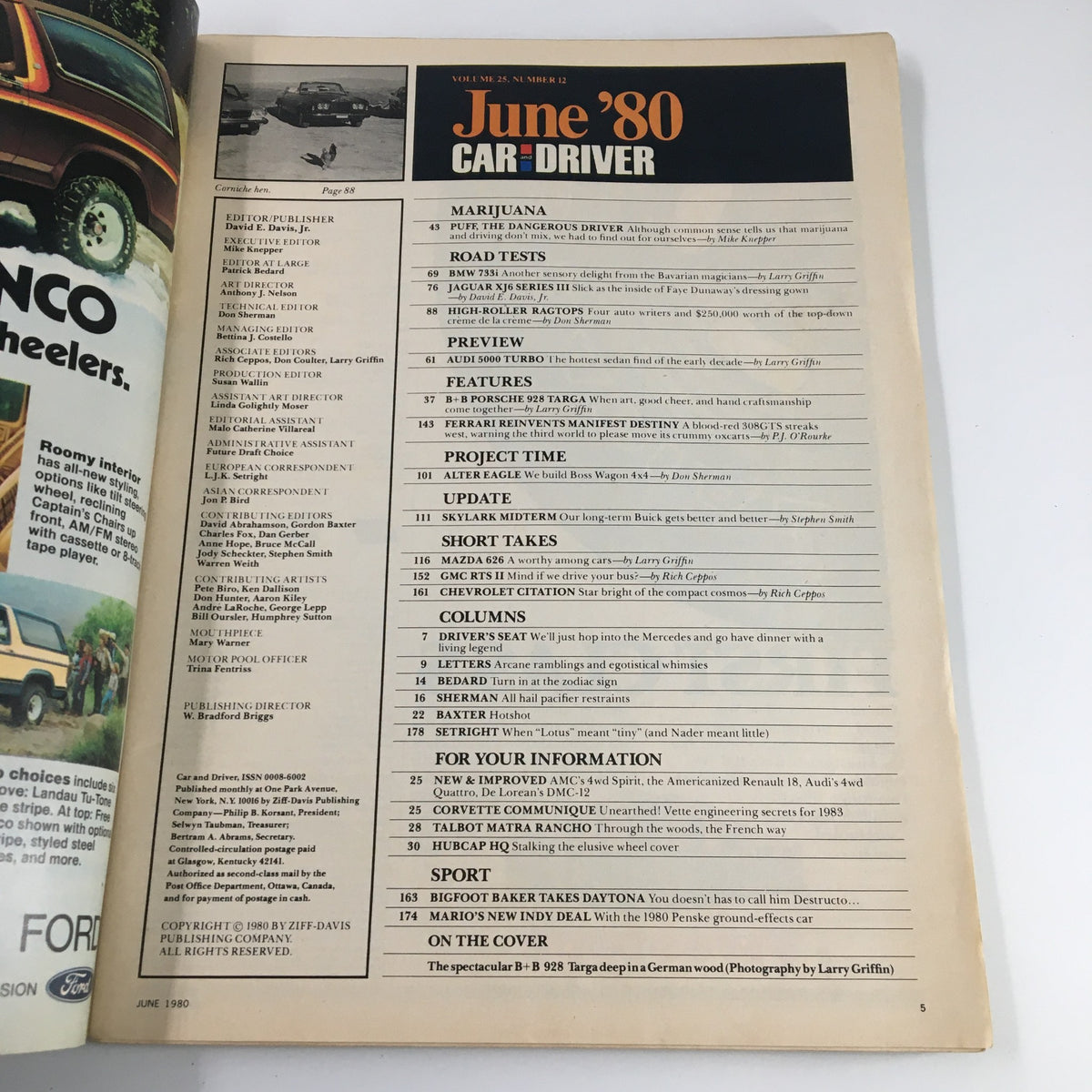 Table of contents from Car and Driver Magazine June 1980, highlighting featured articles and car reviews including BMW 733i and Jaguar XJ6 Series III.