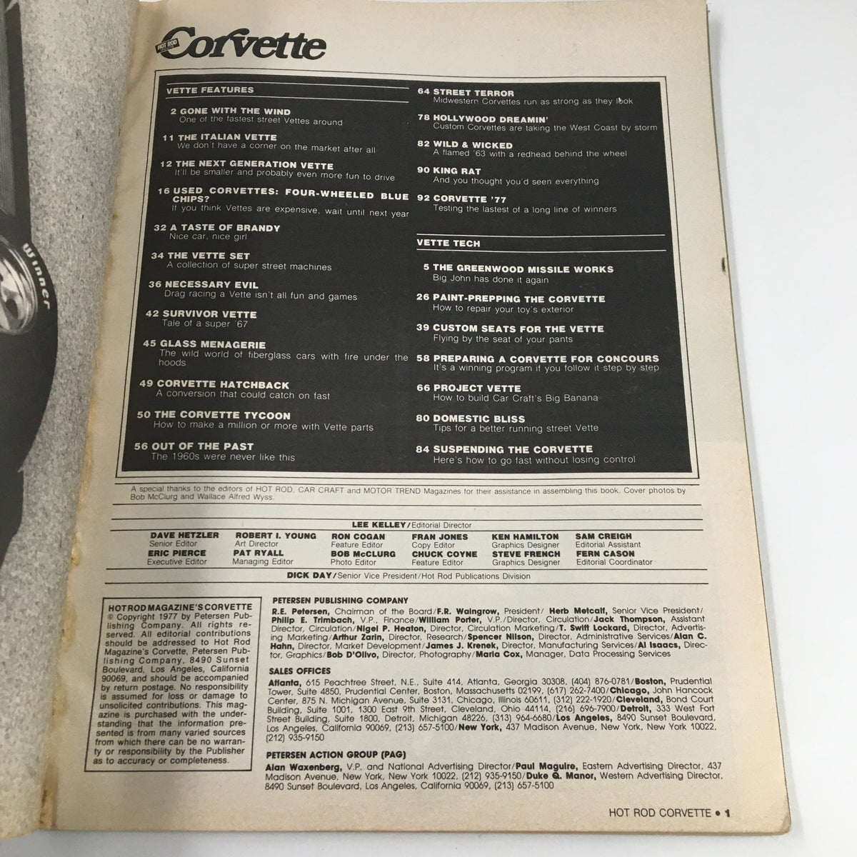Table of contents from Hot Rod's Corvette Magazine 1977, showcasing various articles and features on Corvette modifications and tuning.