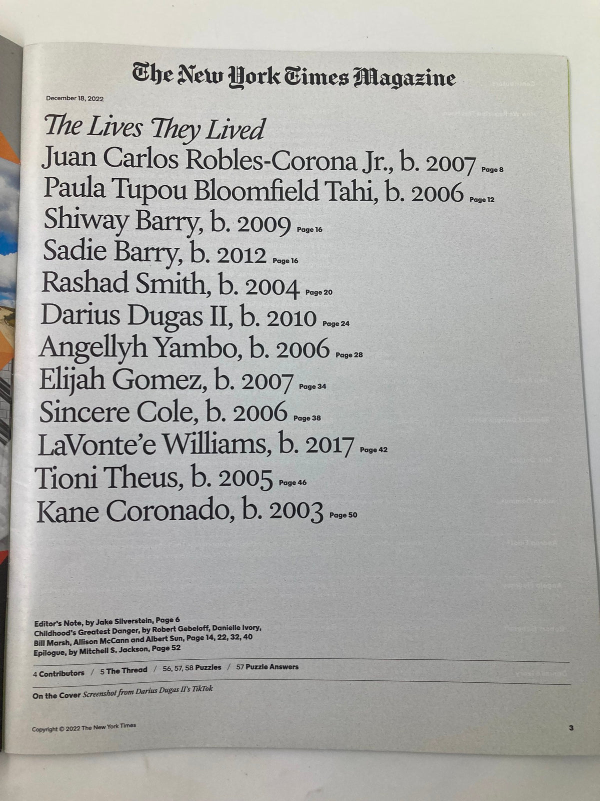 The New York Times Magazine December 18, 2022, contents page featuring 'The Lives They Lived' section, listing notable contributors and their respective years, including Juan Carlos Robles-Corona, Shiway Barry, and others, highlighting significant personal stories and cultural narratives.