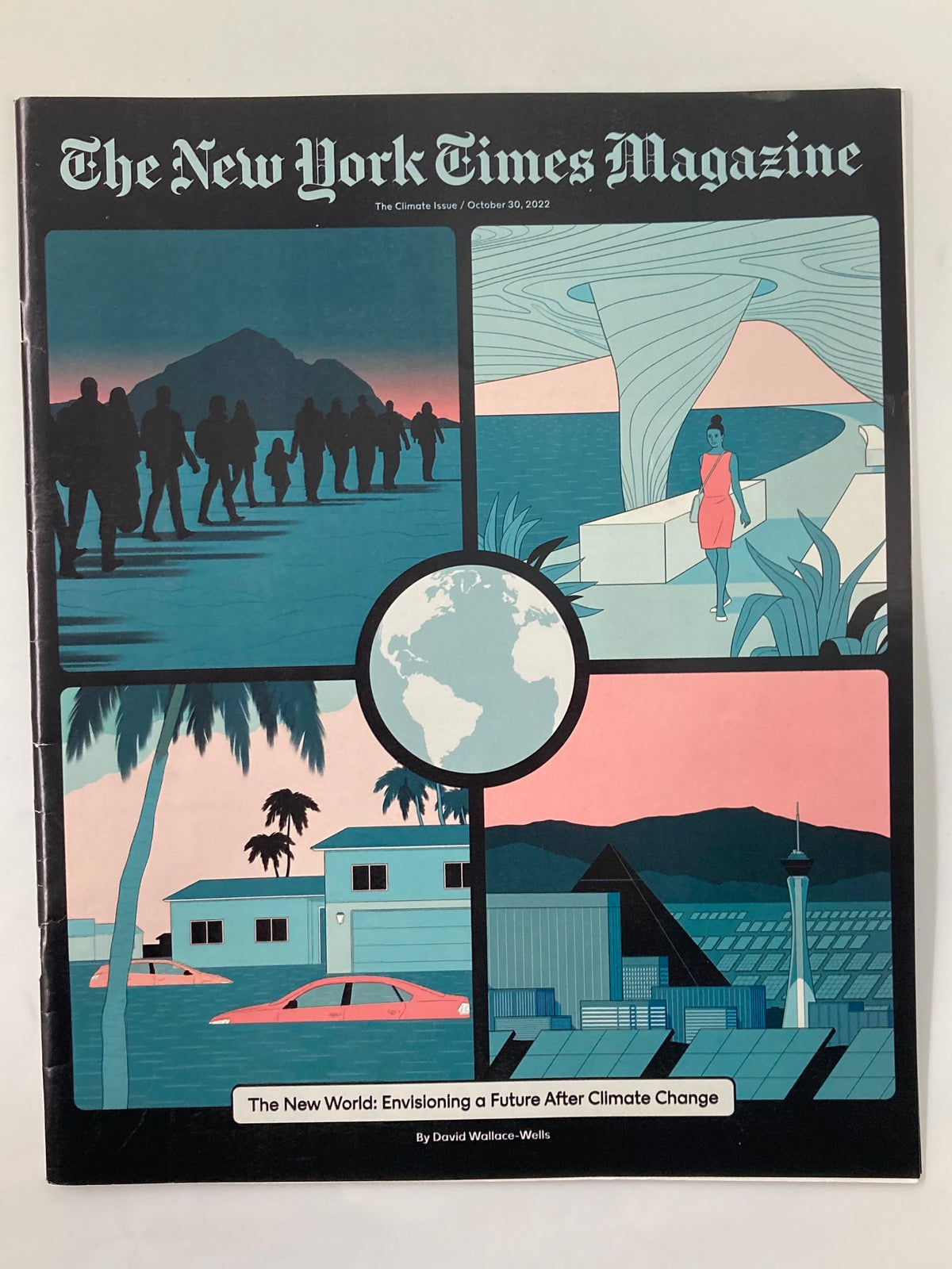 Cover of The New York Times Magazine October 30, 2022, titled 'The New World: Envisioning a Future After Climate Change', featuring artistic visuals related to climate change.