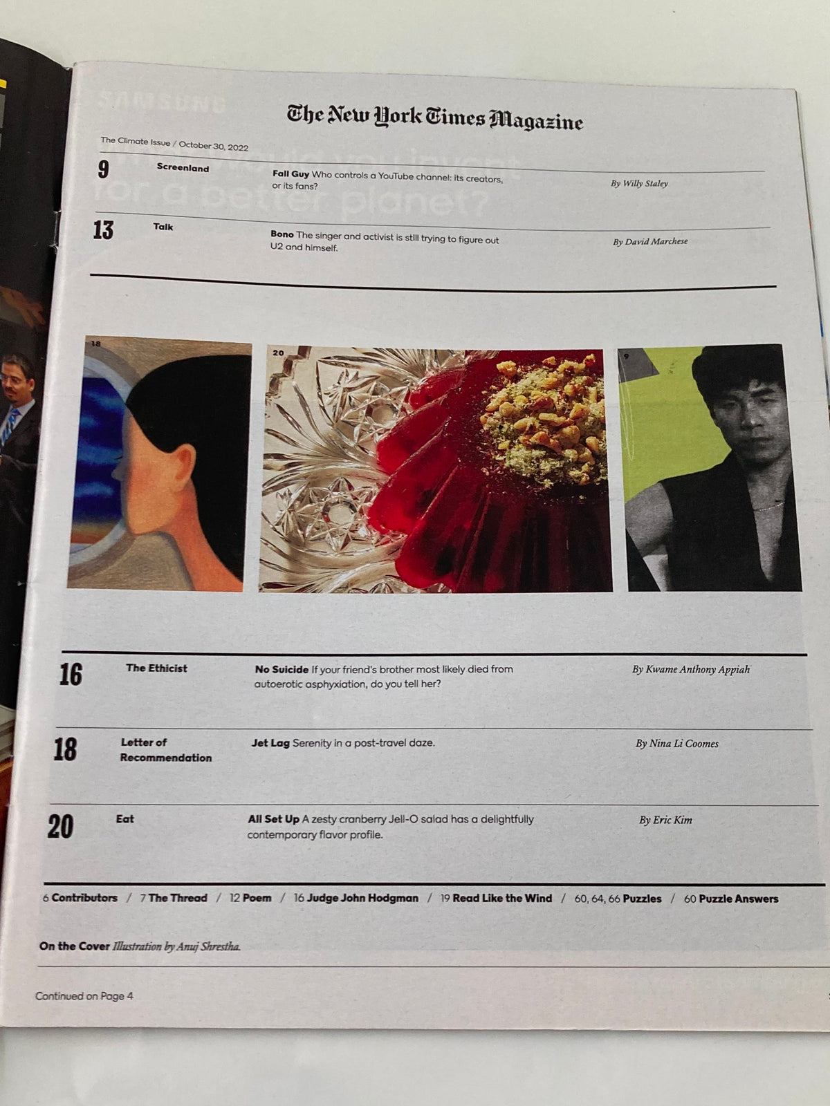 Contents page of The New York Times Magazine October 30, 2022, featuring articles and illustrations focusing on climate change related topics.