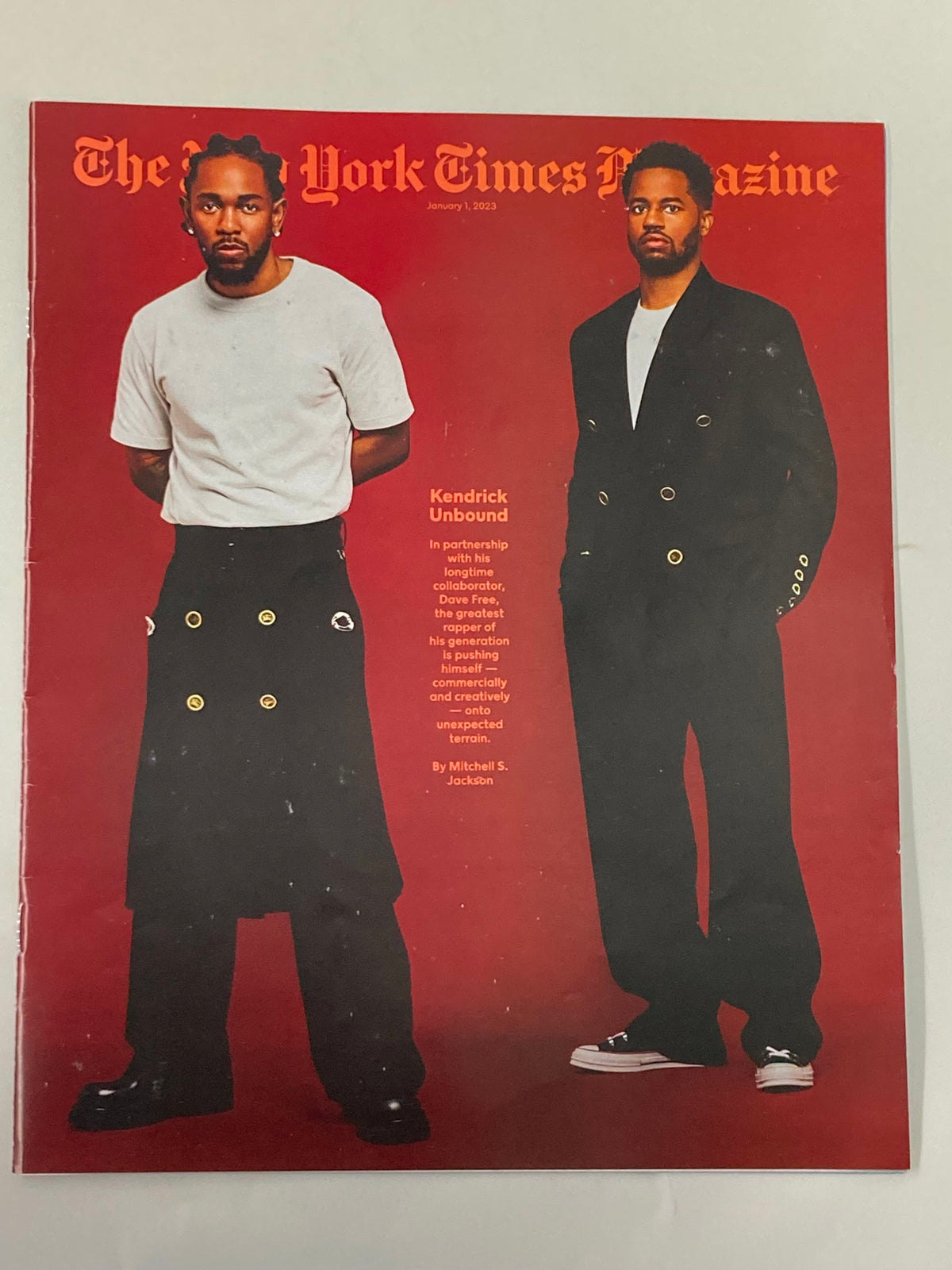 The New York Times Magazine January 1 2023 cover featuring Kendrick Lamar and Dave Free, showcasing their unique styles and contributions to contemporary music.