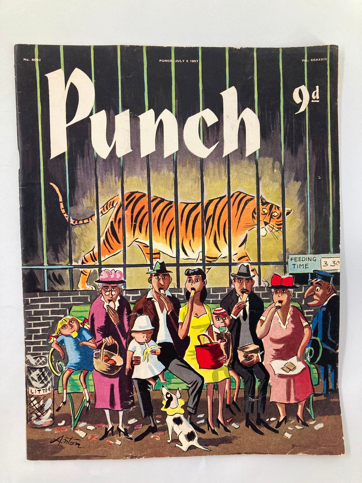 Front cover of VTG Punch Magazine from July 3, 1957, featuring a colorful illustration of people enjoying ice creams in a zoo setting, with a tiger in the background.