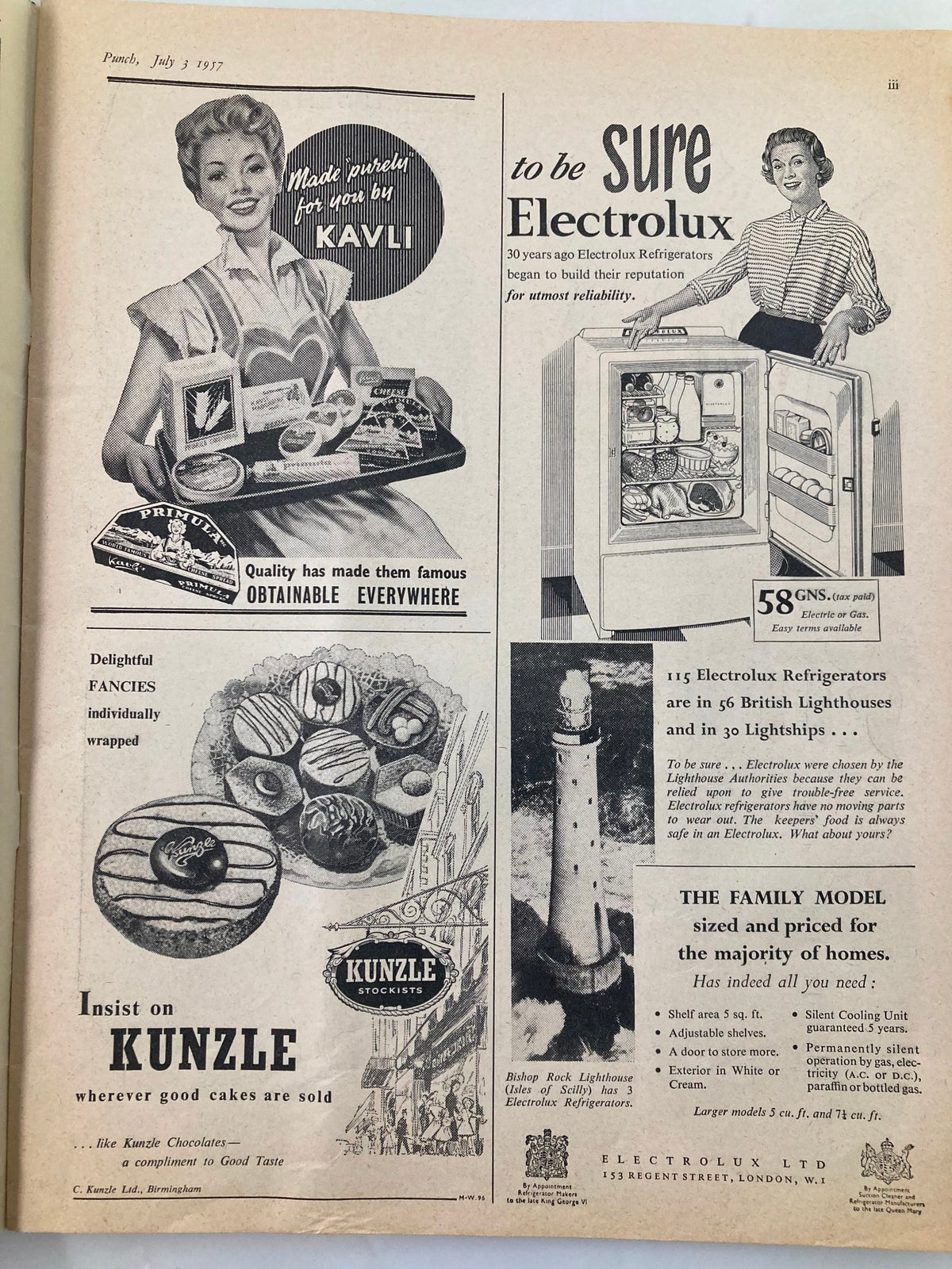 An interior page advertisement from VTG Punch Magazine, July 3, 1957, showcasing vintage Electrolux refrigerators and Kavli products, highlighting the style of post-war advertising.