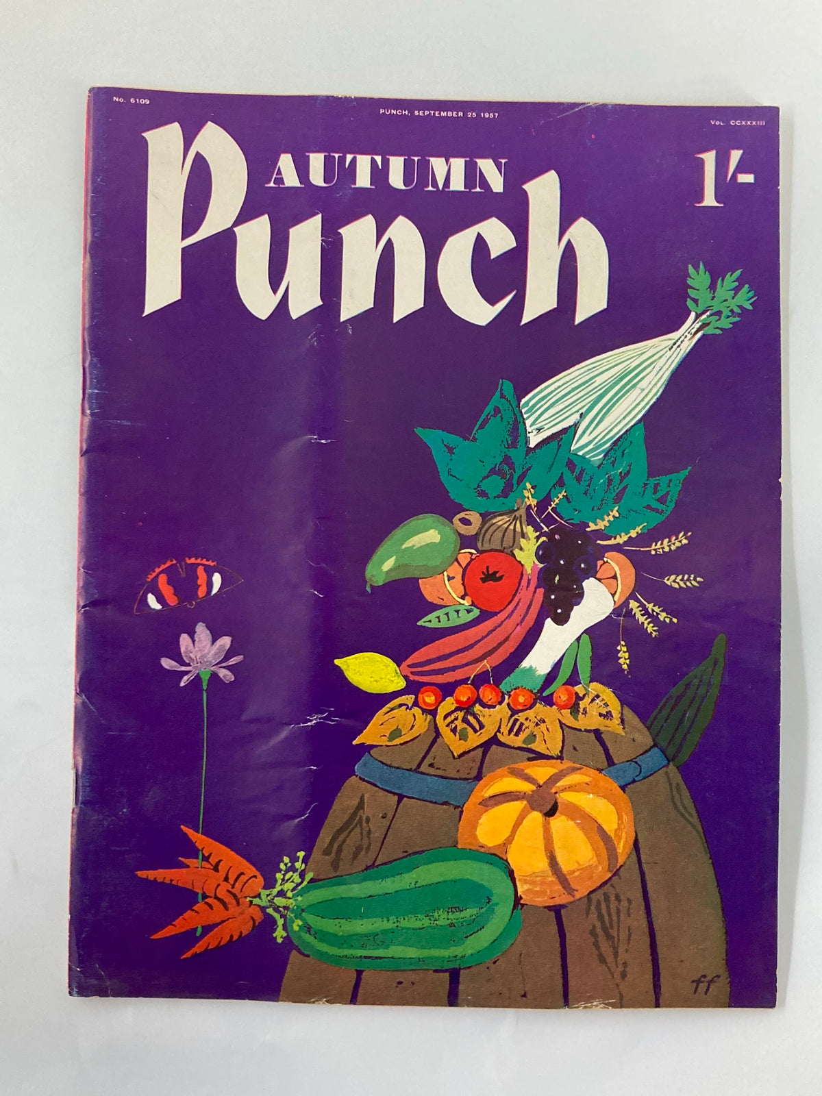 Cover of VTG Punch Magazine from September 25, 1957 featuring a colorful autumn-themed illustration with vegetables and fruits, showcasing vintage cartoon and humor style.
