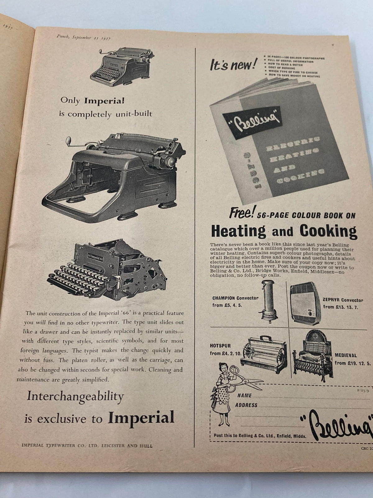 Interior page of VTG Punch Magazine from September 25, 1957 displaying an advertisement for Imperial typewriters and heating solutions, highlighting the magazine's historical context post-WWII.