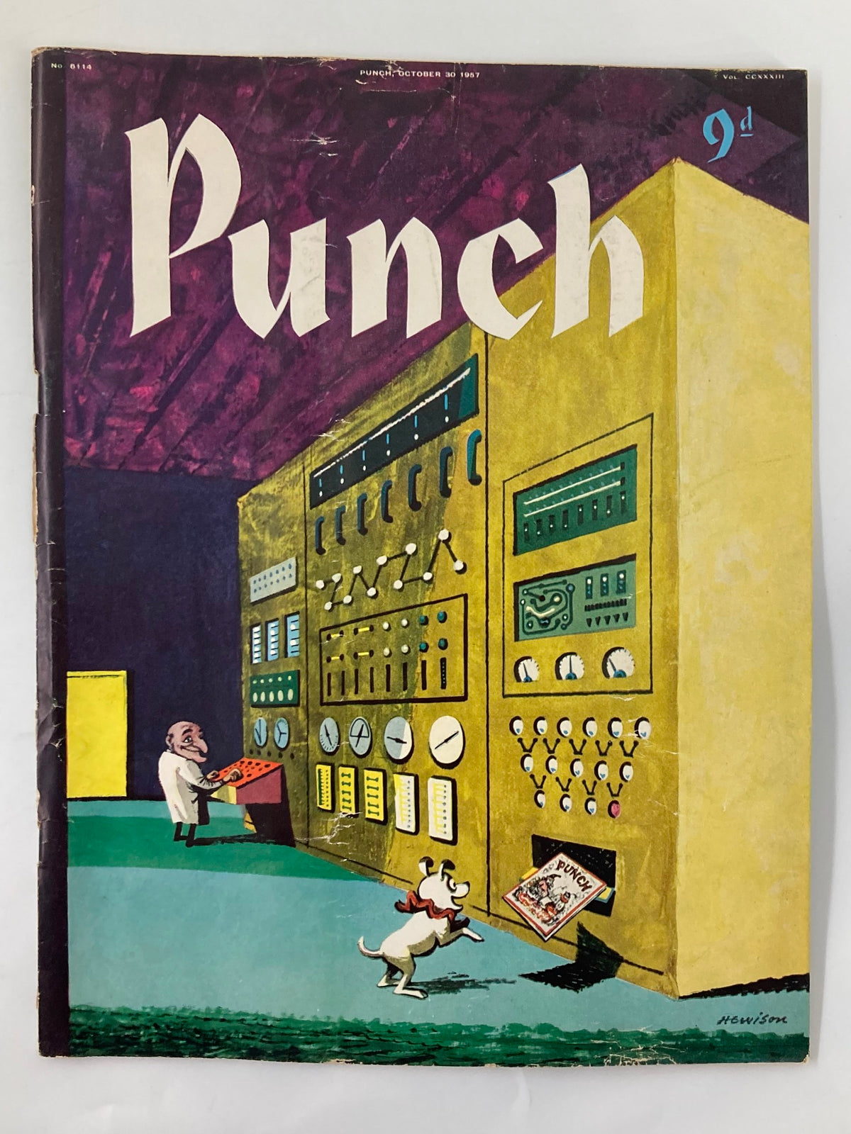 Cover of VTG Punch Magazine October 30 1957 showcasing a colorful cartoon scene with a scientist and a dog, representing humor and satire from the post-WWII era.