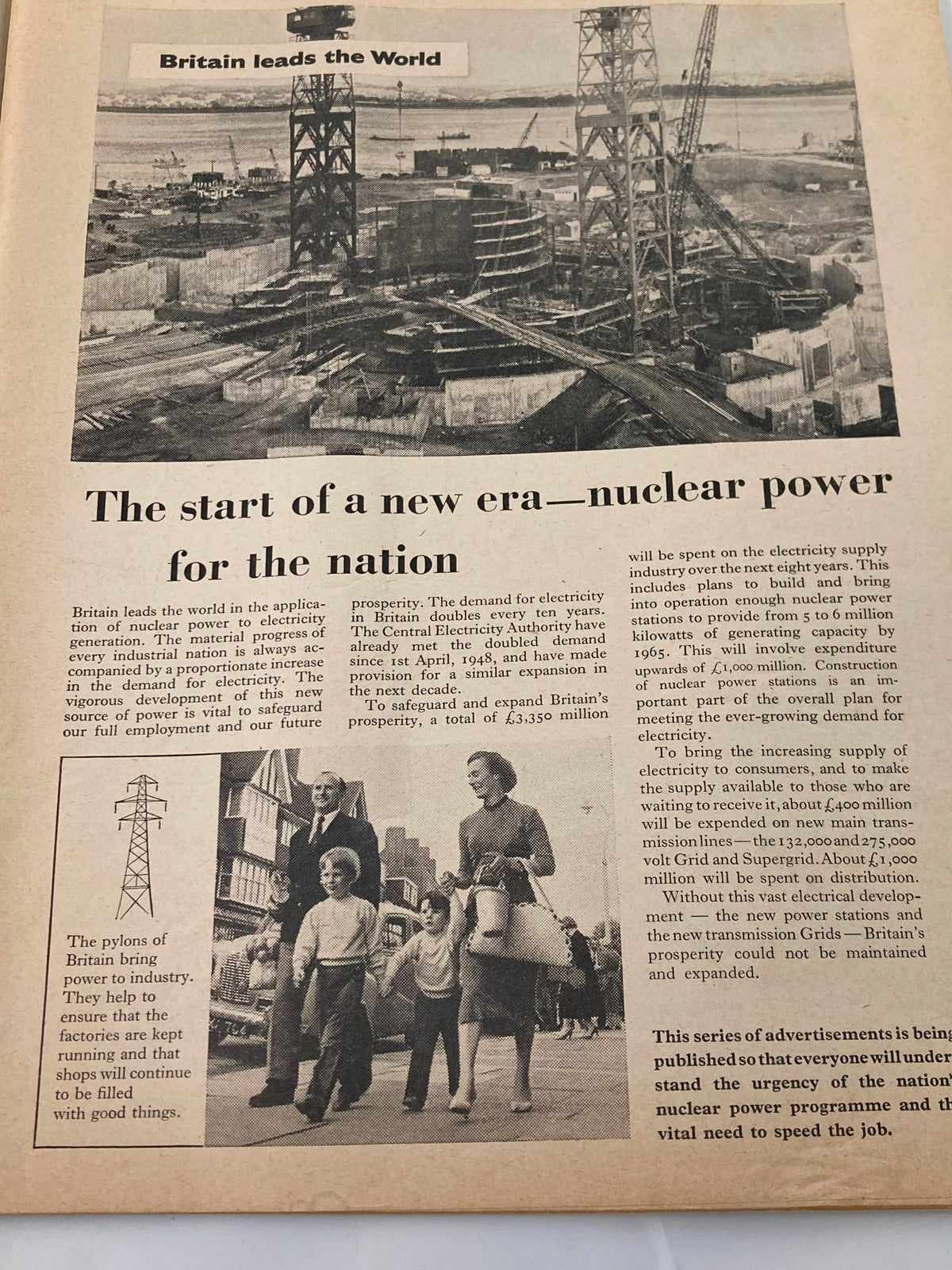 Interior page of VTG Punch Magazine October 30 1957 featuring an advertisement about Britain's nuclear power initiative, highlighting the commitment to electricity supply and national prosperity.