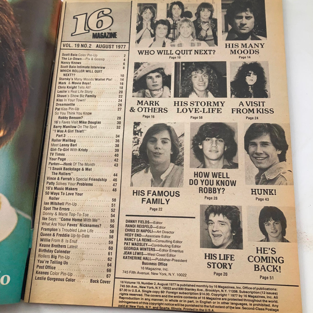 Table of contents from the August 1977 issue of 16 Magazine listing features on Scott Baio, Kiss, and other notable pop culture icons, highlighting the vibrant music scene of the late 70s.