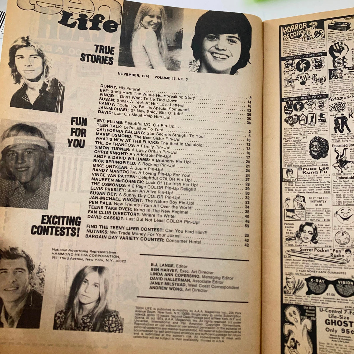 Page from VTG Teen Life Magazine November 1974 featuring articles and photographs related to popular teen culture, including Donny and Marie Osmond.