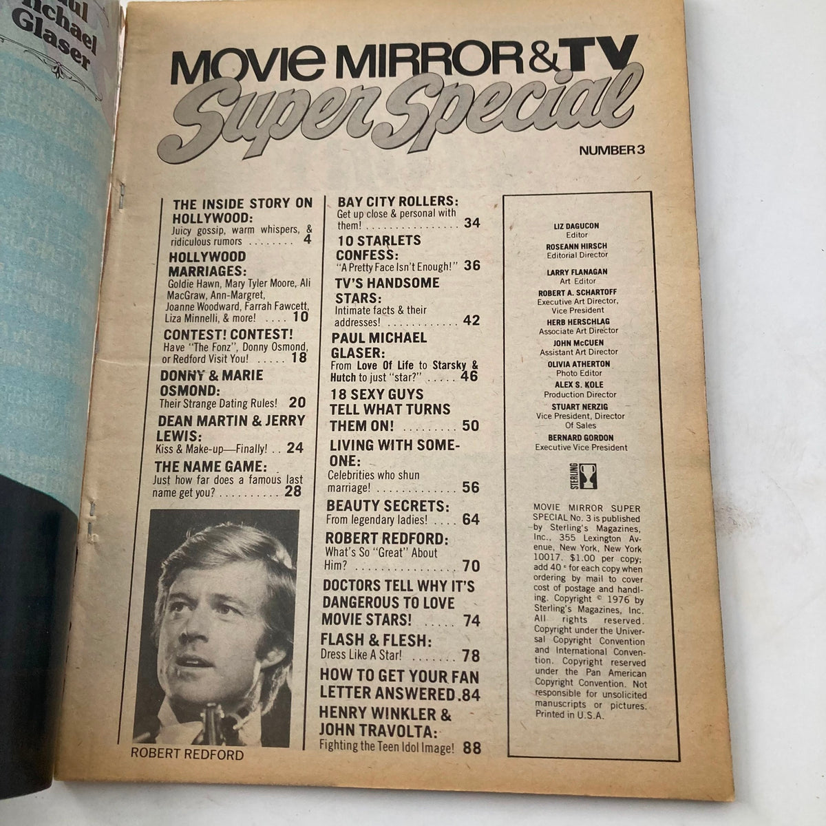 Inside page of VTG Movie Mirror & TV Super Special Magazine #3 (1976) highlighting articles, including a feature on Henry Winkler and John Travolta, along with a table of contents listing various celebrity interviews and topics.