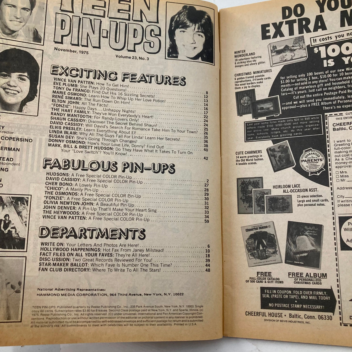 Inside pages of VTG Teen Pin-Ups Magazine November 1975 displaying exciting features and articles related to pop culture and teen idols.