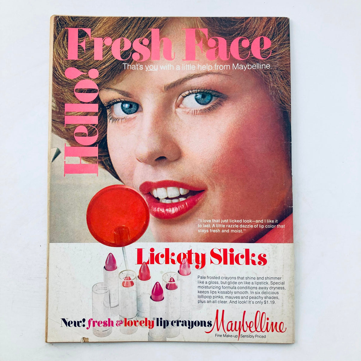 Back cover of VTG Teen Pin-Ups Magazine November 1975 advertising Maybelline cosmetics, featuring a close-up of a model with vibrant makeup.