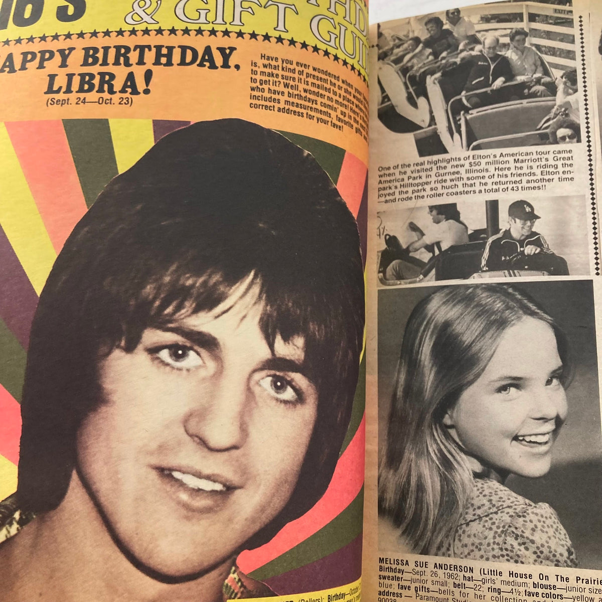 Birthday feature page from VTG 16 Magazine November 1976 displaying a birthday tribute and photos of Elton John and Melissa Sue Anderson.