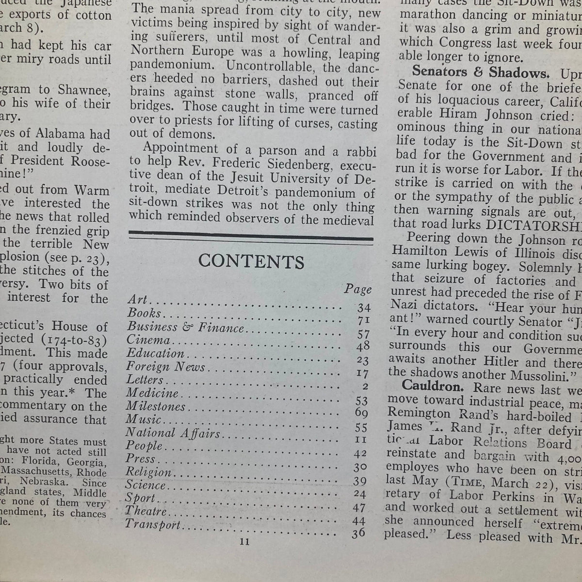 Contents page of VTG Time Magazine March 29 1937 detailing various articles and features, reflecting societal issues and highlights of the late 1930s.