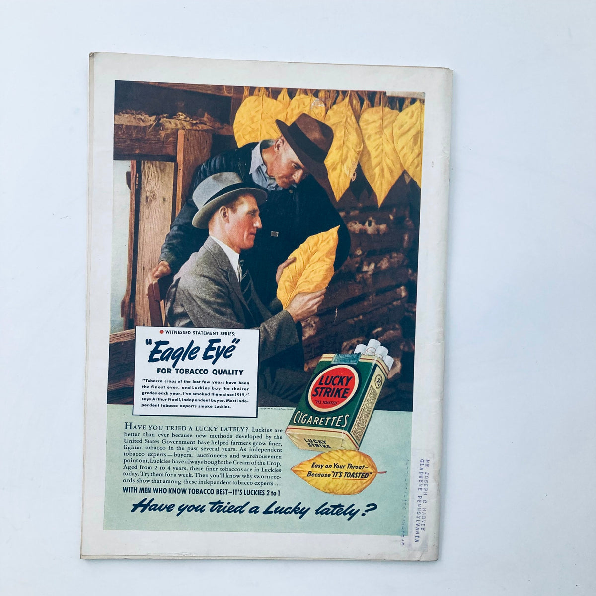 Advertisement page from VTG Time Magazine July 10 1939 featuring Lucky Strike cigarettes and tobacco imagery.