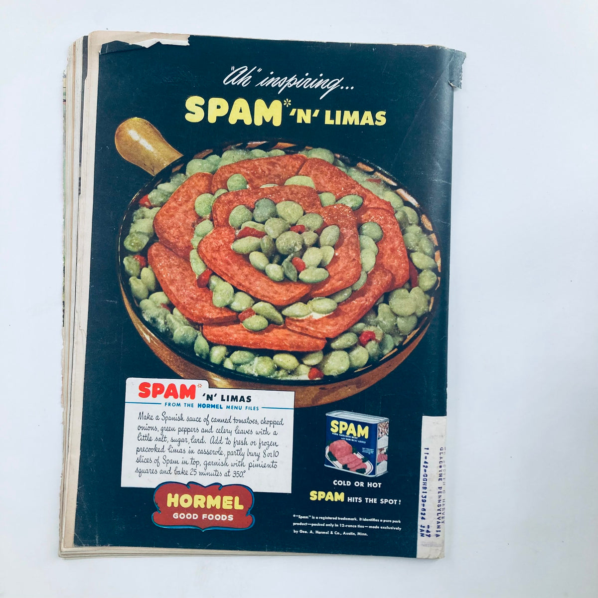 Back cover of VTG Time Magazine August 5 1946 Vol 48 No. 6 featuring a vintage advertisement for Spam, highlighting mid-20th century food marketing.
