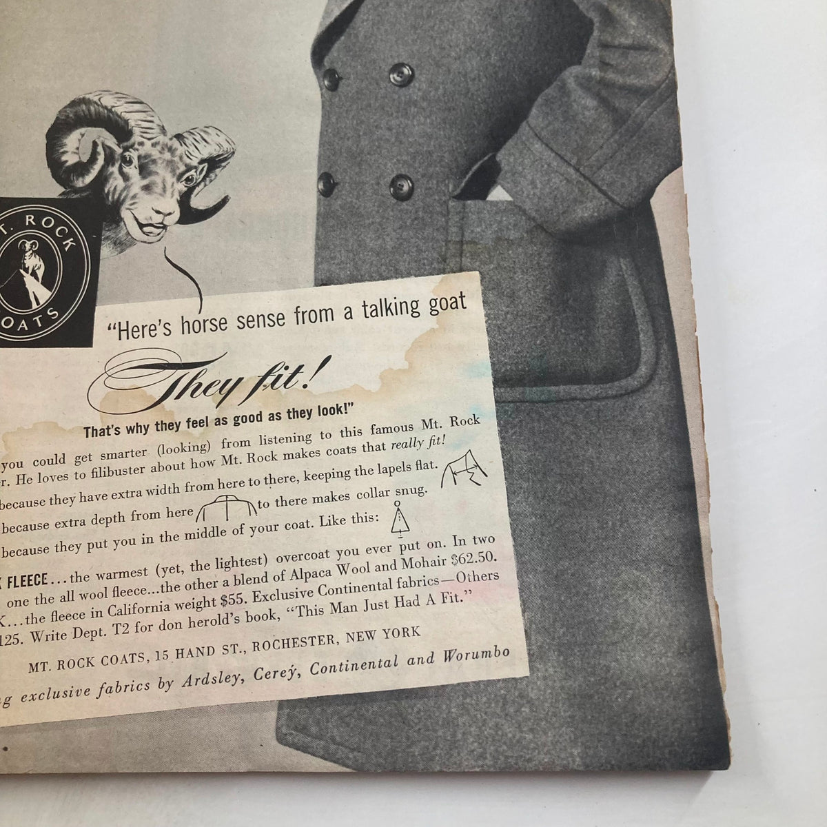Vintage Time Magazine November 8 1948 featuring an advertisement for Mt. Rock Coats with a talking goat illustration and text about coat fitting.