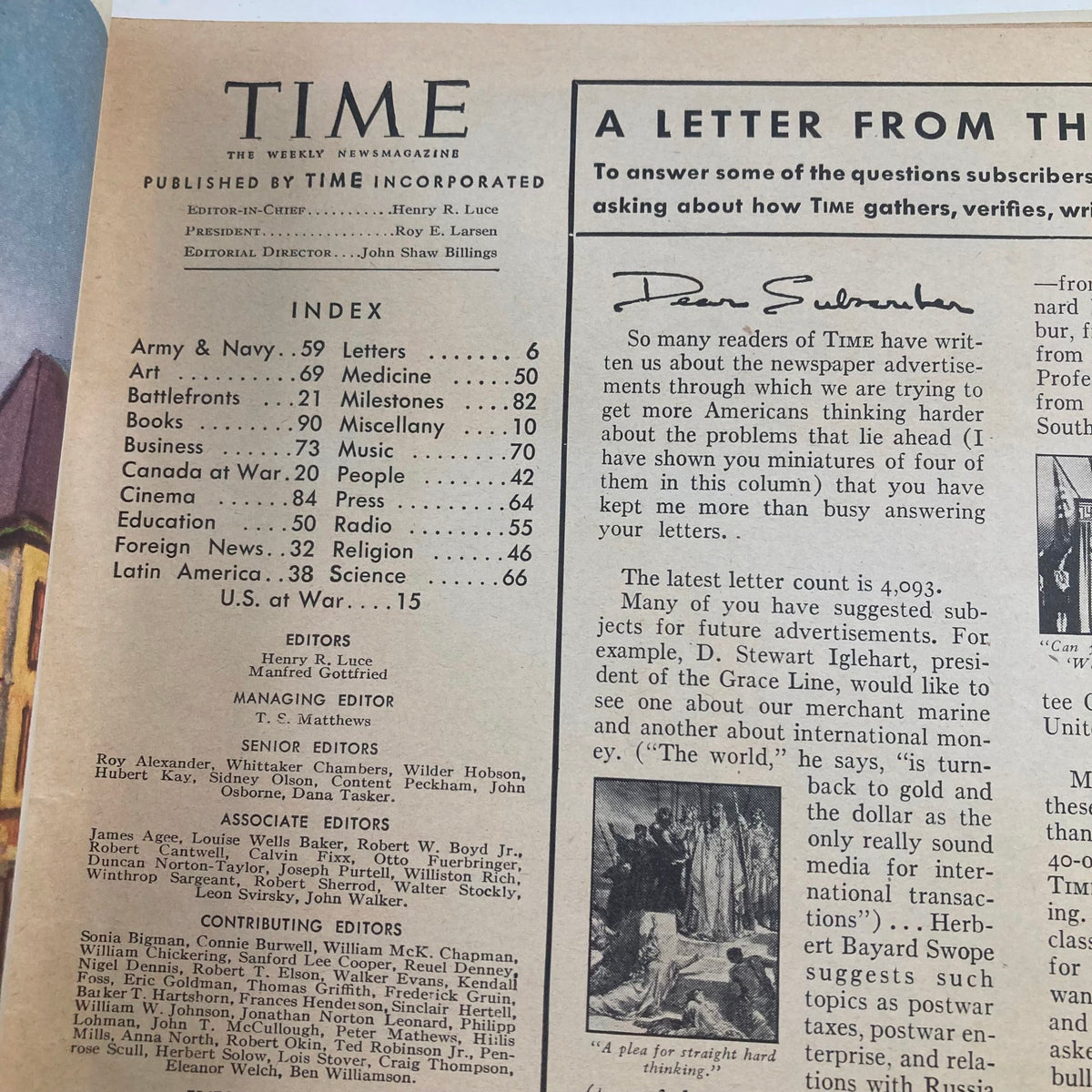 Index page of Time Magazine August 7 1944 Vol 44 No. 6 featuring a letter from the editor and various sections including Army & Navy, Art, and U.S. at War.