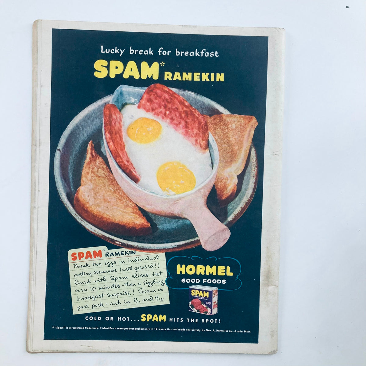 Advertisment for SPAM Ramekin in Time Magazine August 7 1944 Vol 44 No. 6 showcasing breakfast dish with eggs and spam, promoting Hormel Good Foods.