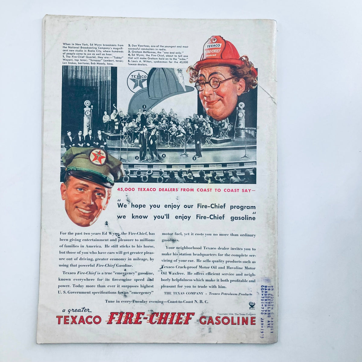 Vintage advertisement showcasing Texaco Fire-Chief gasoline from the back cover of VTG Time Magazine April 9 1934 Vol 23 No. 15 featuring businessman Vincent Astor. The ad includes images of Ed Wynne and a Texaco dealer promoting gasoline services in 1930s America.