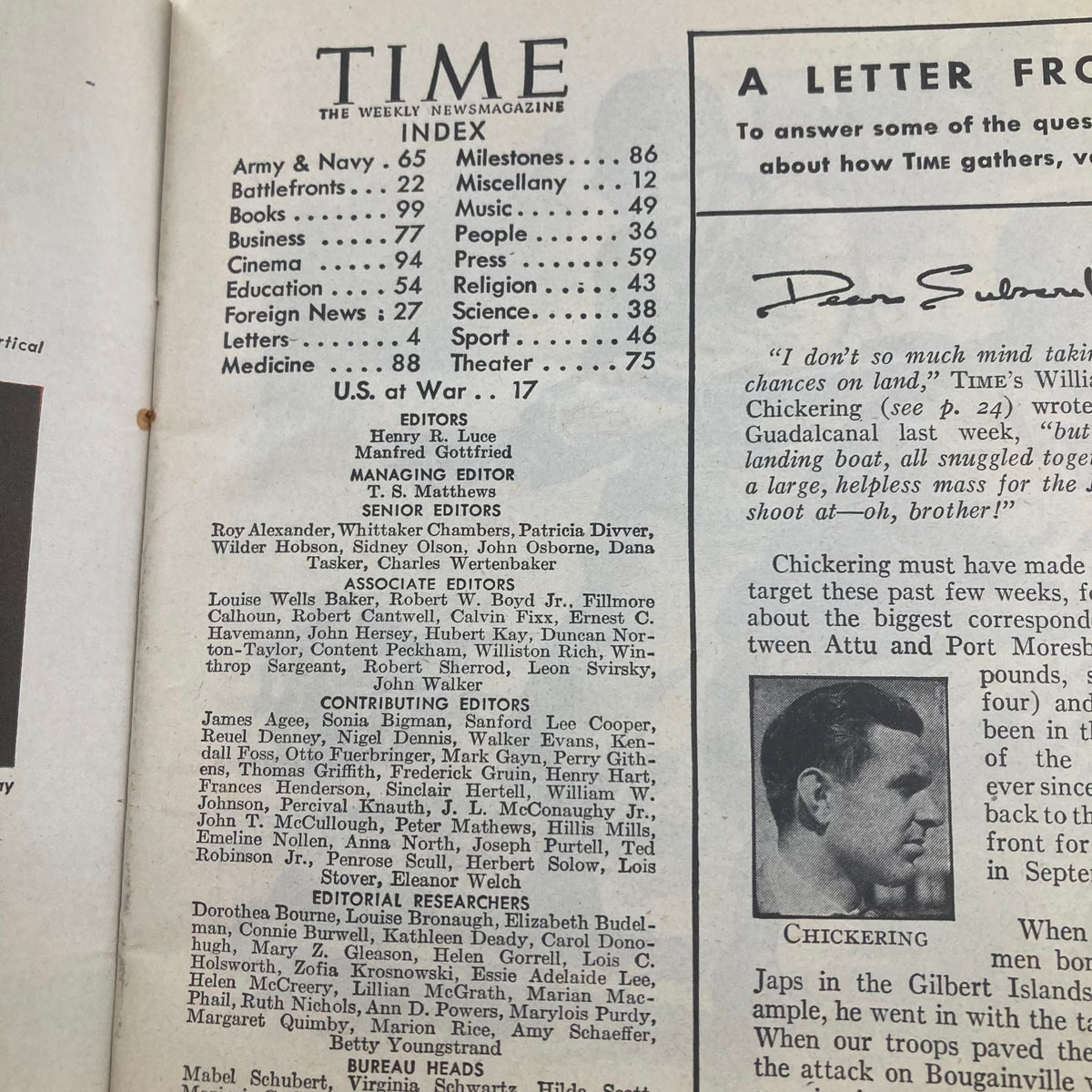 Inside page of Vintage Time Magazine from November 22, 1943, featuring the index with topics including Army, Navy, and wartime events.