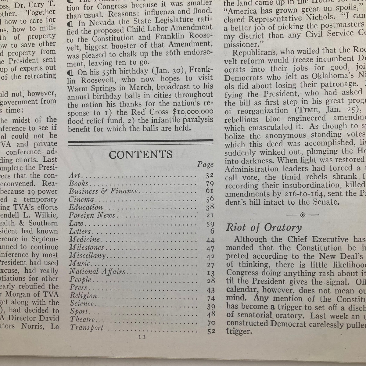 Inside page of the VTG Time Magazine February 8 1937, featuring the table of contents and articles related to historical events, including politics and social issues.