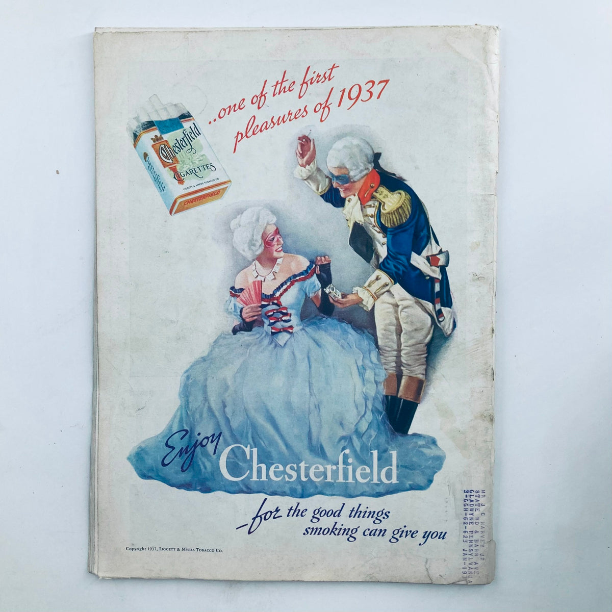 Back cover of the VTG Time Magazine February 8 1937, displaying an advertisement for Chesterfield cigarettes featuring historical figures in costume.