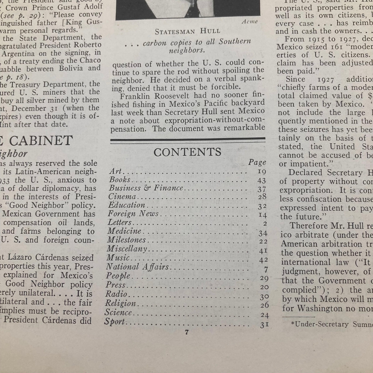 Inside page from VTG Time Magazine August 1, 1938 showcasing the contents, including articles on various topics such as Art and National Affairs.