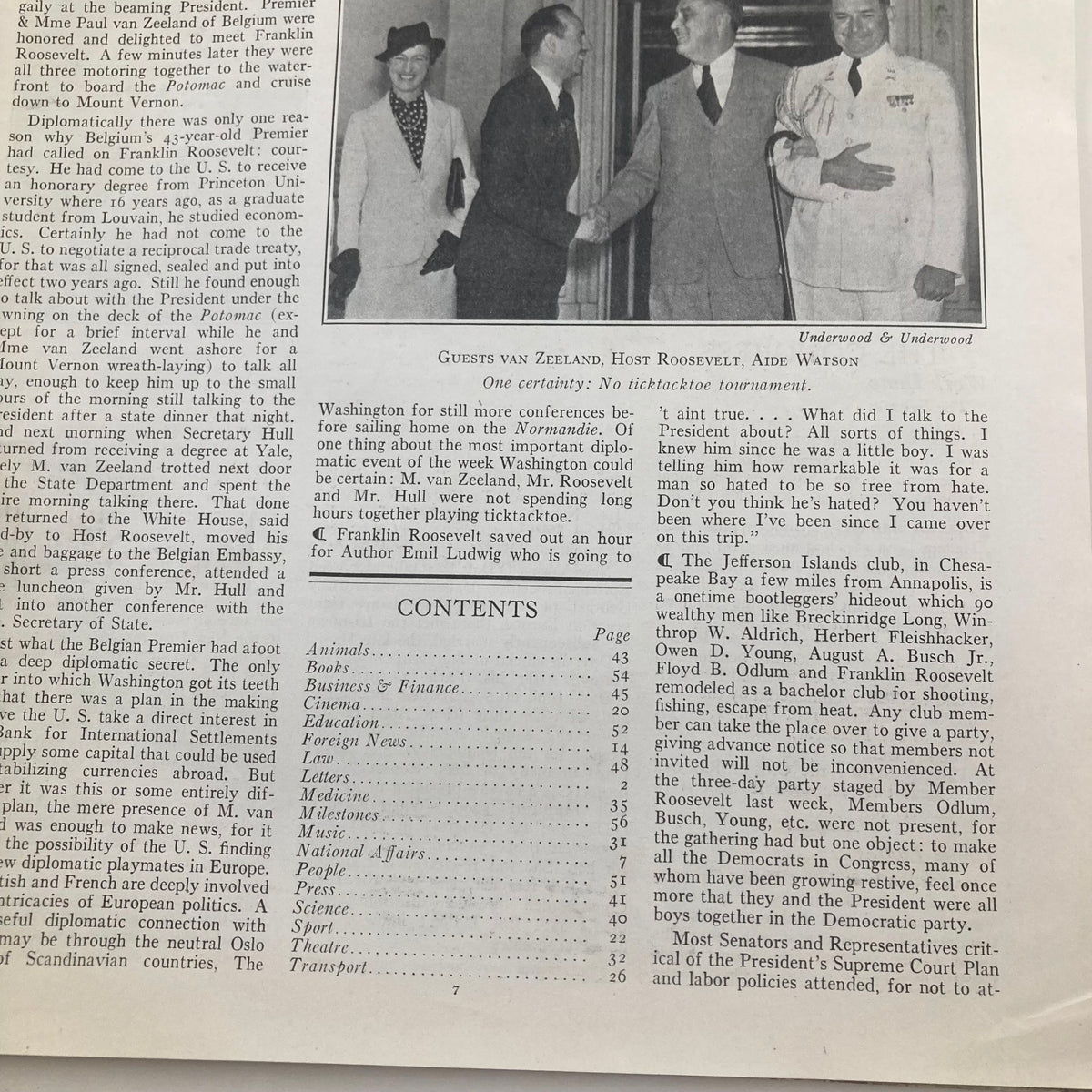 Interior content page of VTG Time Magazine July 5, 1937, showcasing articles, including an account of guests van Zeeland and Franklin Roosevelt.