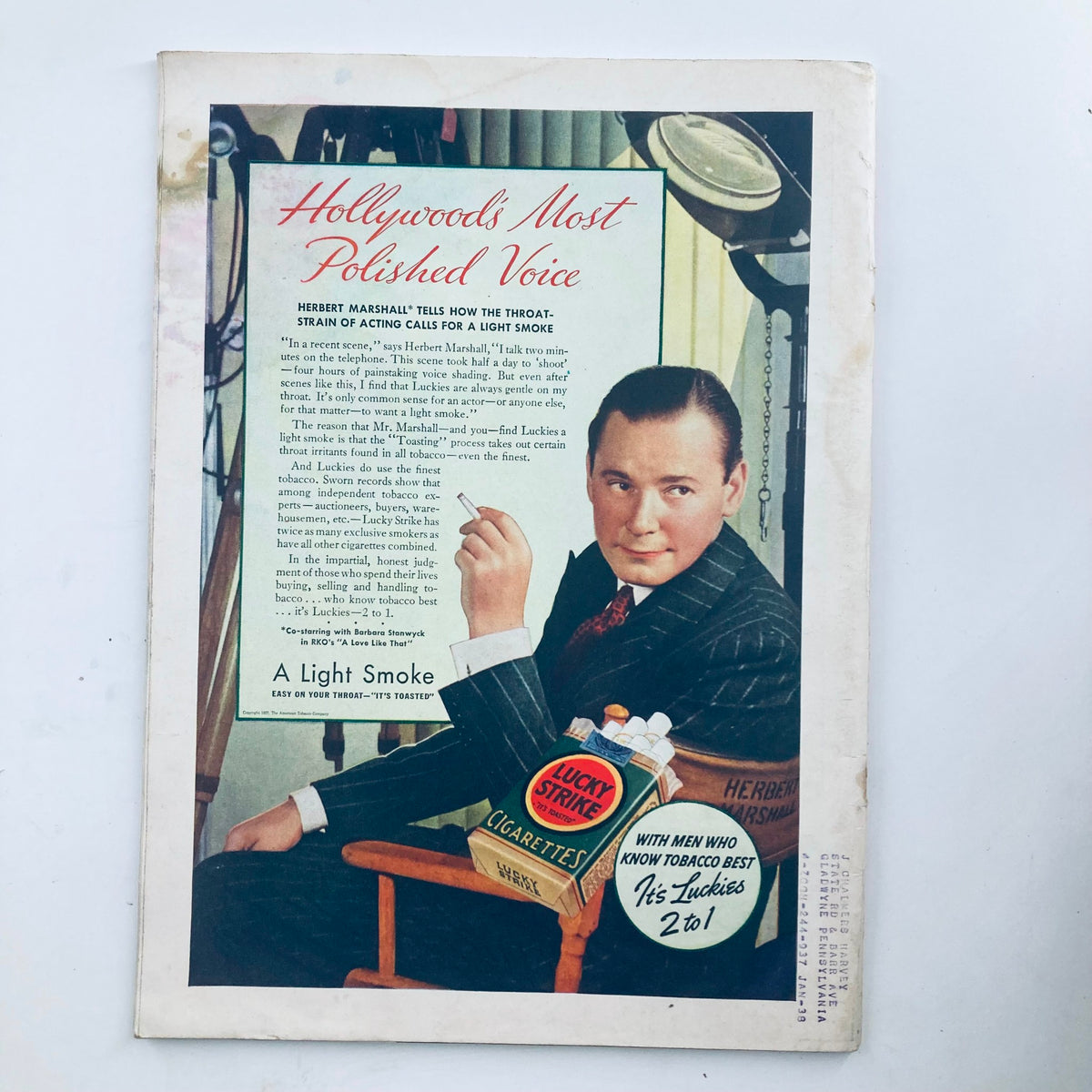 Vintage advertisement featuring Herbert Marshall showcasing 'Hollywood's Most Polished Voice' from the VTG Time Magazine dated October 4, 1937, highlighting Lucky Strike cigarettes.