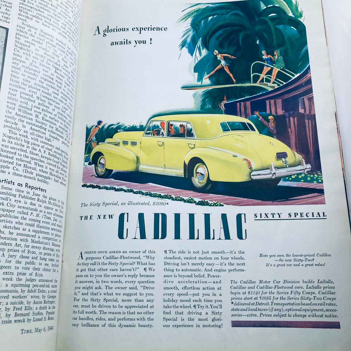 Vintage advertisement for the new Cadillac Sixty Special in VTG Time Magazine dated May 6, 1940, Volume 35, Number 19, highlighting luxurious design and features.