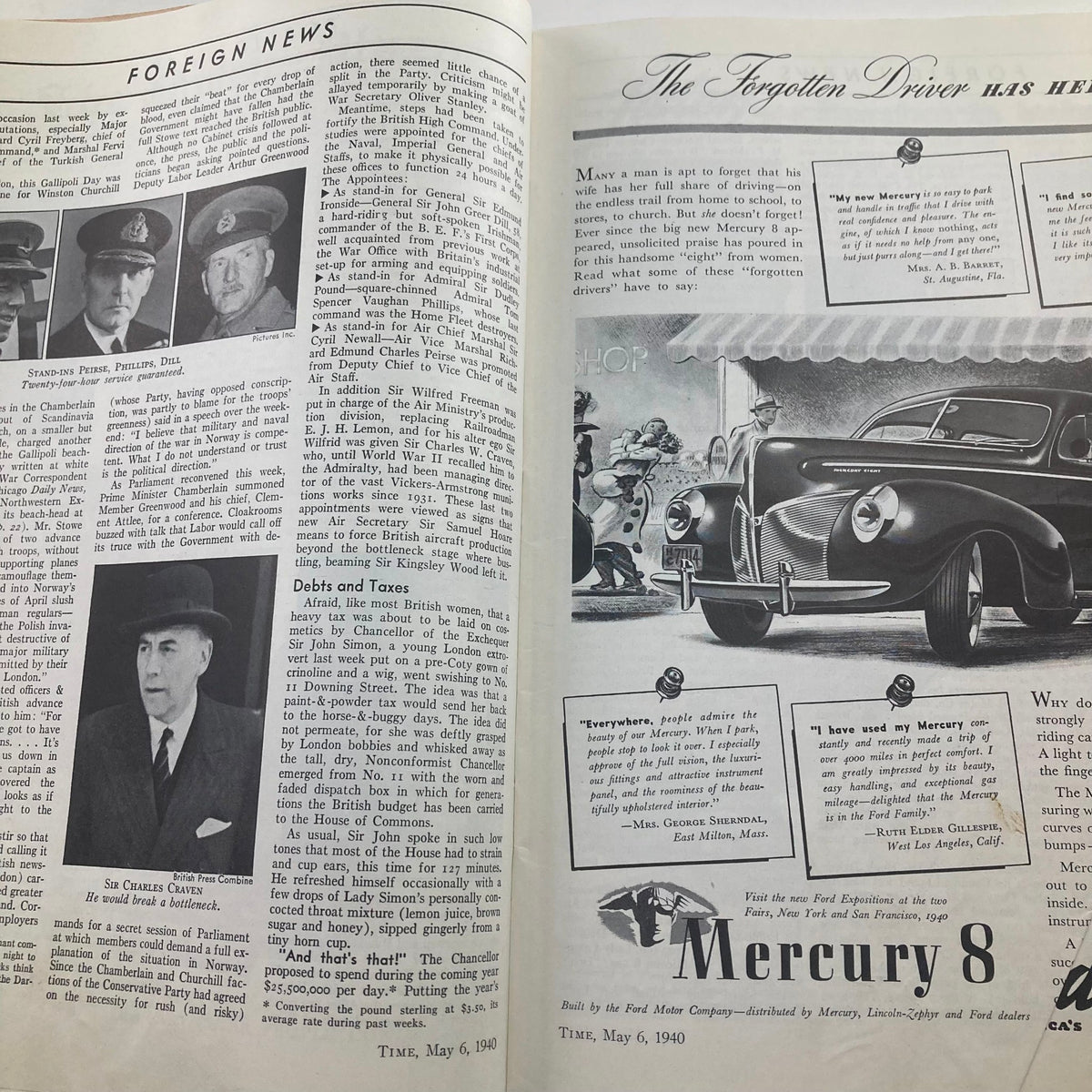 Foreign news section of VTG Time Magazine May 6, 1940, Volume 35, Number 19, discussing historical events and notable figures from that time period.
