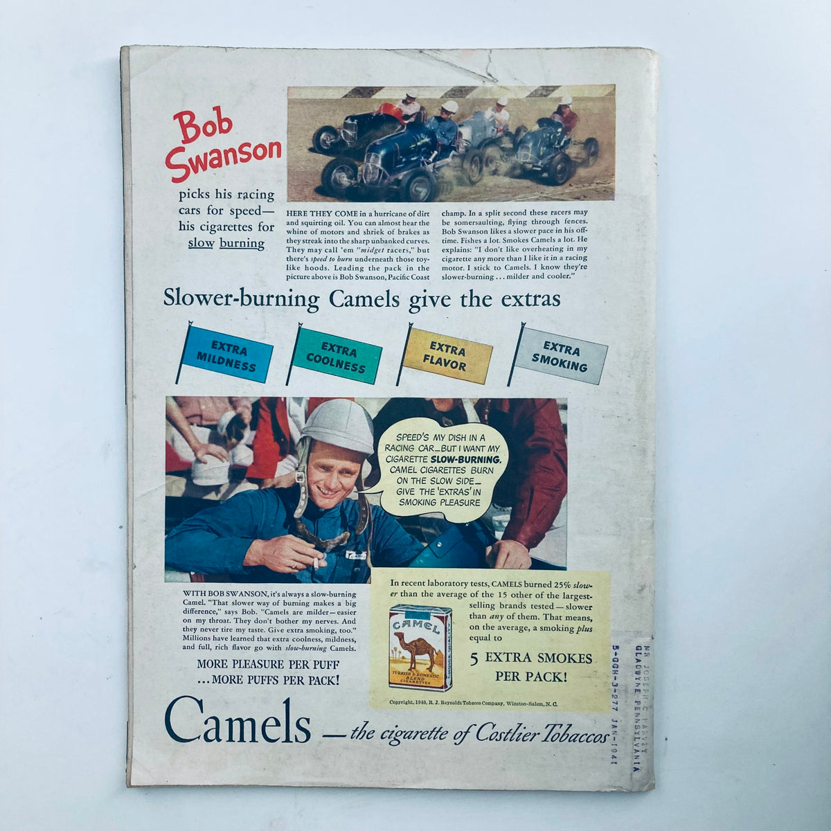 Vintage advertisement for Camels cigarettes featuring Bob Swanson in VTG Time Magazine May 6, 1940, Volume 35, Number 19, promoting slow-burning cigarettes.
