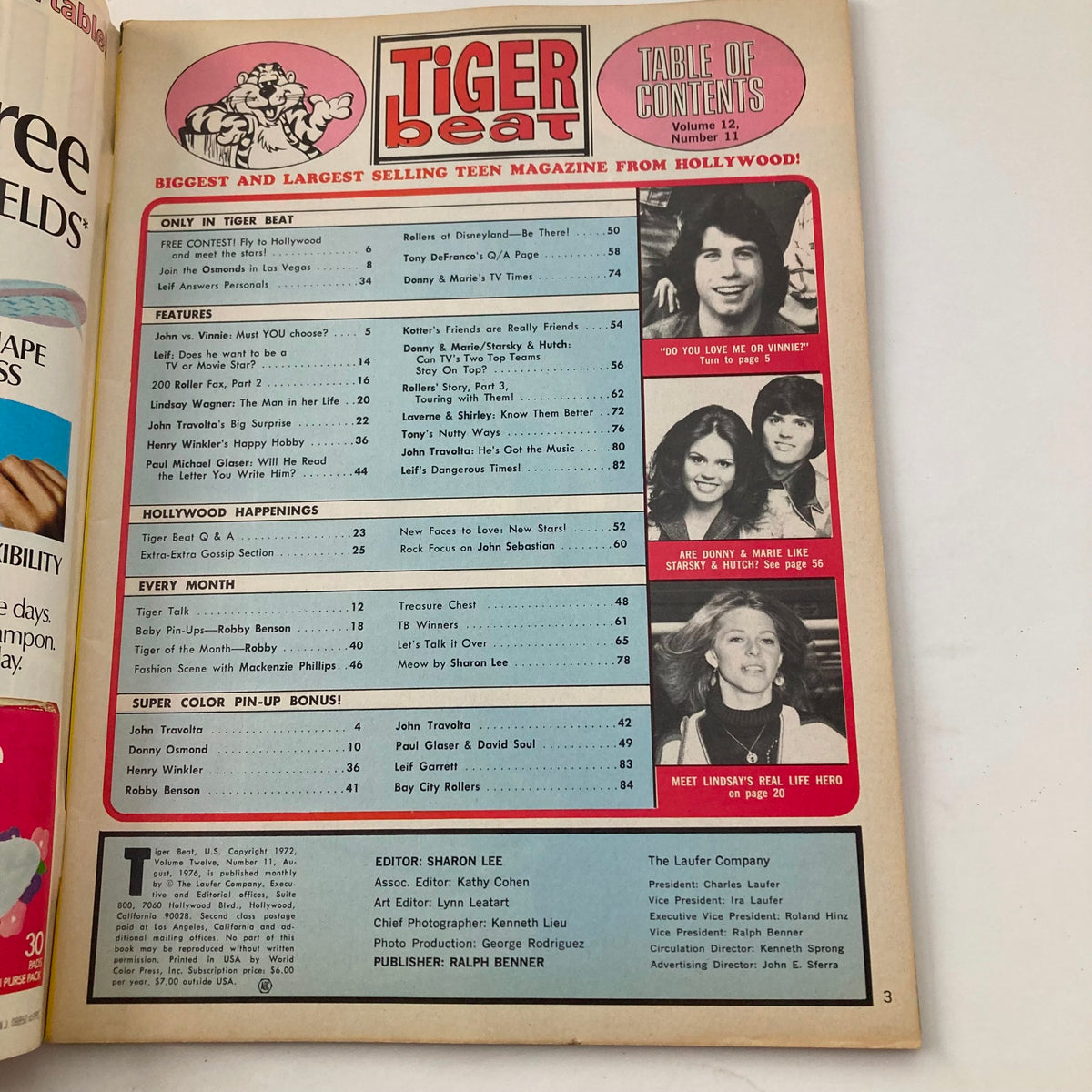 Table of contents of VTG Tiger Beat Magazine August 1976, showcasing features on Donnie & Marie and Starsky & Hutch, highlighting pop culture of the 1970s.