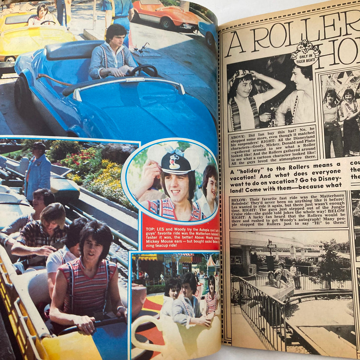 Inside spread of VTG Tiger Beat Magazine August 1976, featuring articles on a Disney vacation and a colorful photo of young stars, capturing the essence of 1970s entertainment.