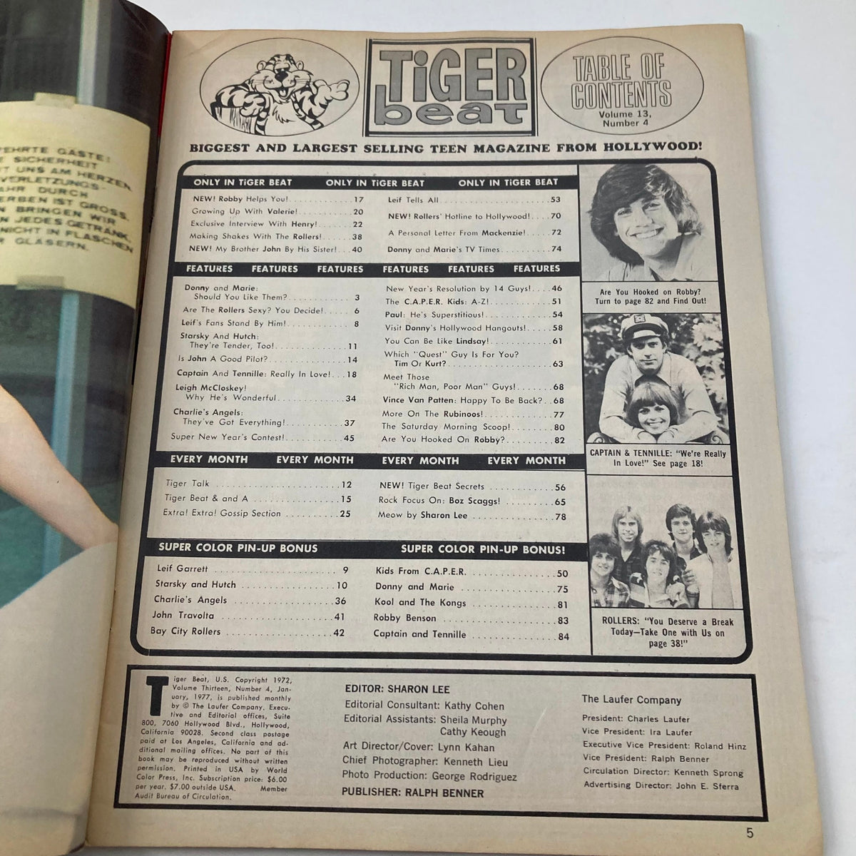 Inside page of VTG Tiger Beat Magazine January 1977 showing the table of contents with features on popular stars including Robby Benson and Captain & Tennille.