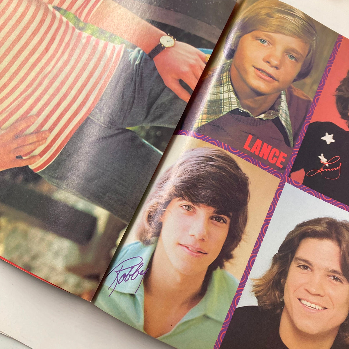 Close-up image from Tiger Beat Magazine Super Special #6 1977 featuring teen idols Lance and others, highlighting nostalgic 70s fashion and hairstyles.