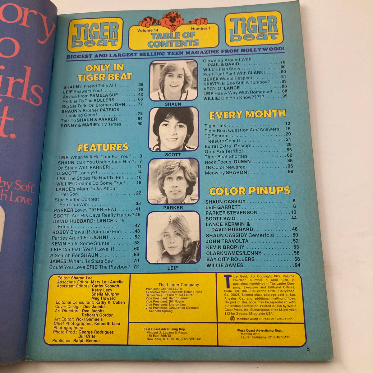 Table of contents from Tiger Beat Magazine April 1978, highlighting features and color pinups of popular stars including Shaun, Scott, and Parker, reflecting 70s teen culture.