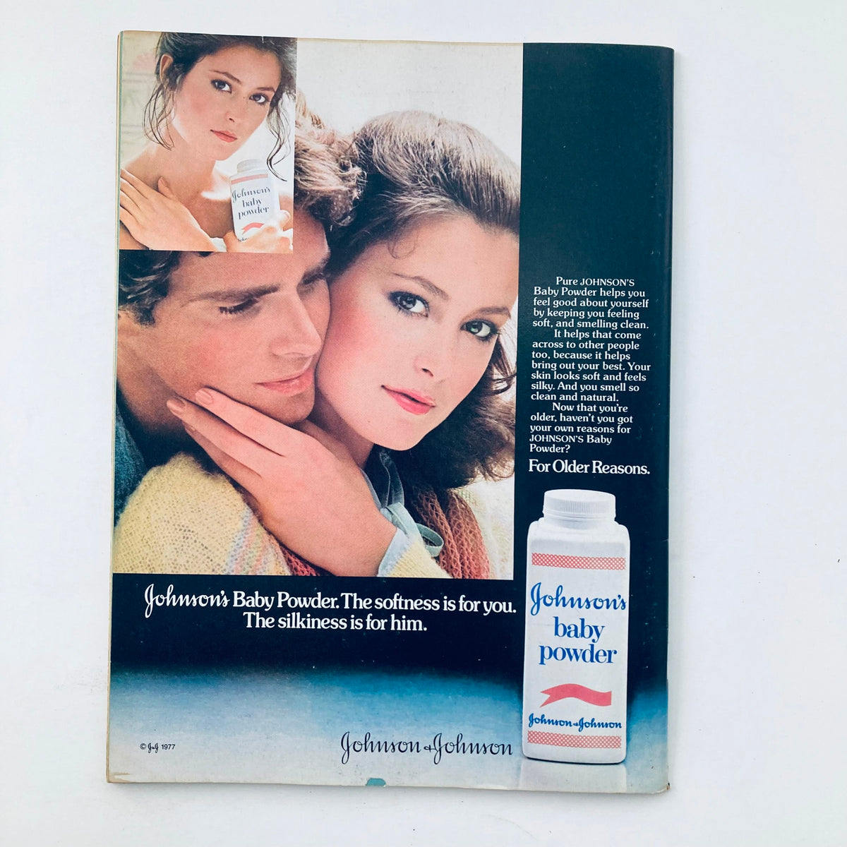 Johnson's Baby Powder advertisement from Tiger Beat Magazine April 1978 featuring a couple in an intimate pose, promoting softness and self-care.