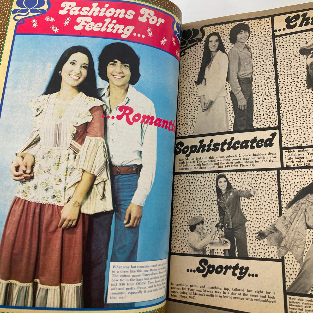 Vintage Tiger Beat Magazine October 1975 featuring a fashion spread titled 'Fashions For Feeling' showcasing a couple in romantic 1970s attire.
