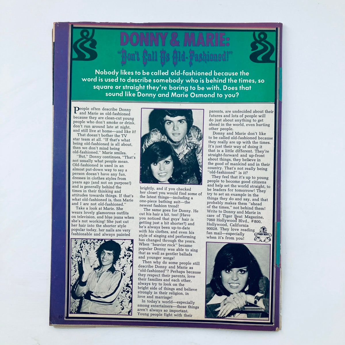 Donny and Marie Osmond featured in a vintage article from Tiger Beat Magazine September 1976. The image highlights their youthful charm and discusses the perception of being 'old-fashioned' in pop culture during the 1970s.
