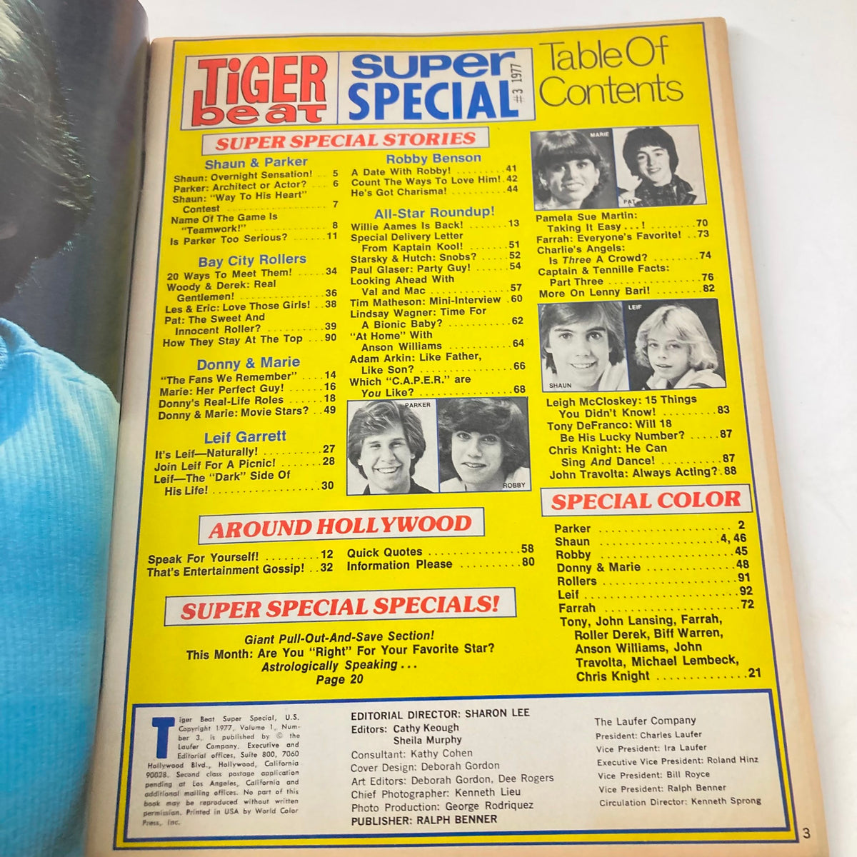 Table of contents page from Tiger Beat Super Special 1977 #3, listing articles featuring celebrities like Shaun Cassidy and Donny Osmond.