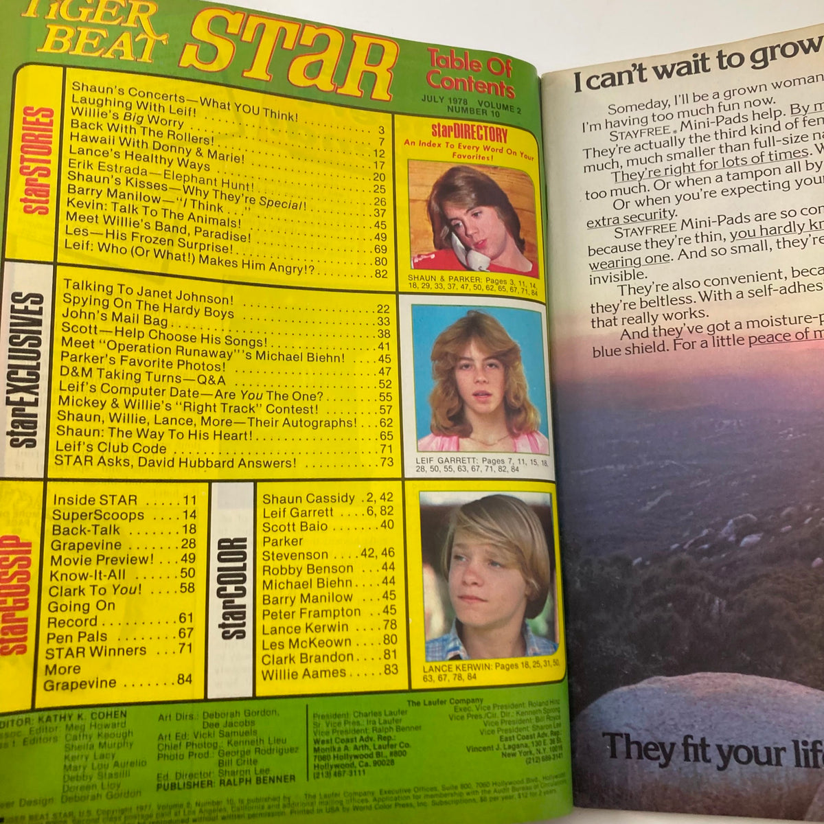 Table of contents from Tiger Beat Star July 1978, listing articles and features about Shaun Cassidy, Scott Baio, Leif Garrett, and more.