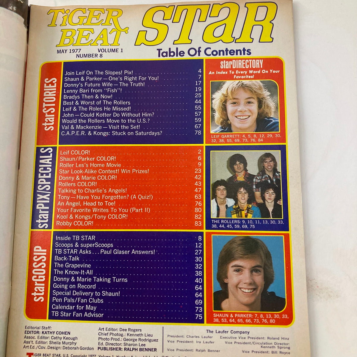Table of contents from the Tiger Beat Star Magazine May 1977 featuring articles about Shaun Cassidy and Parker Stevenson.